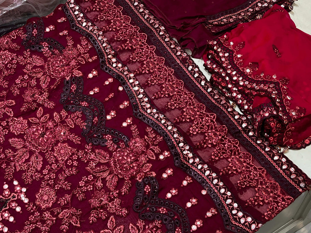 Maria B Luxury Embroidered Chiffon & Net Ensemble (Deep Maroon)