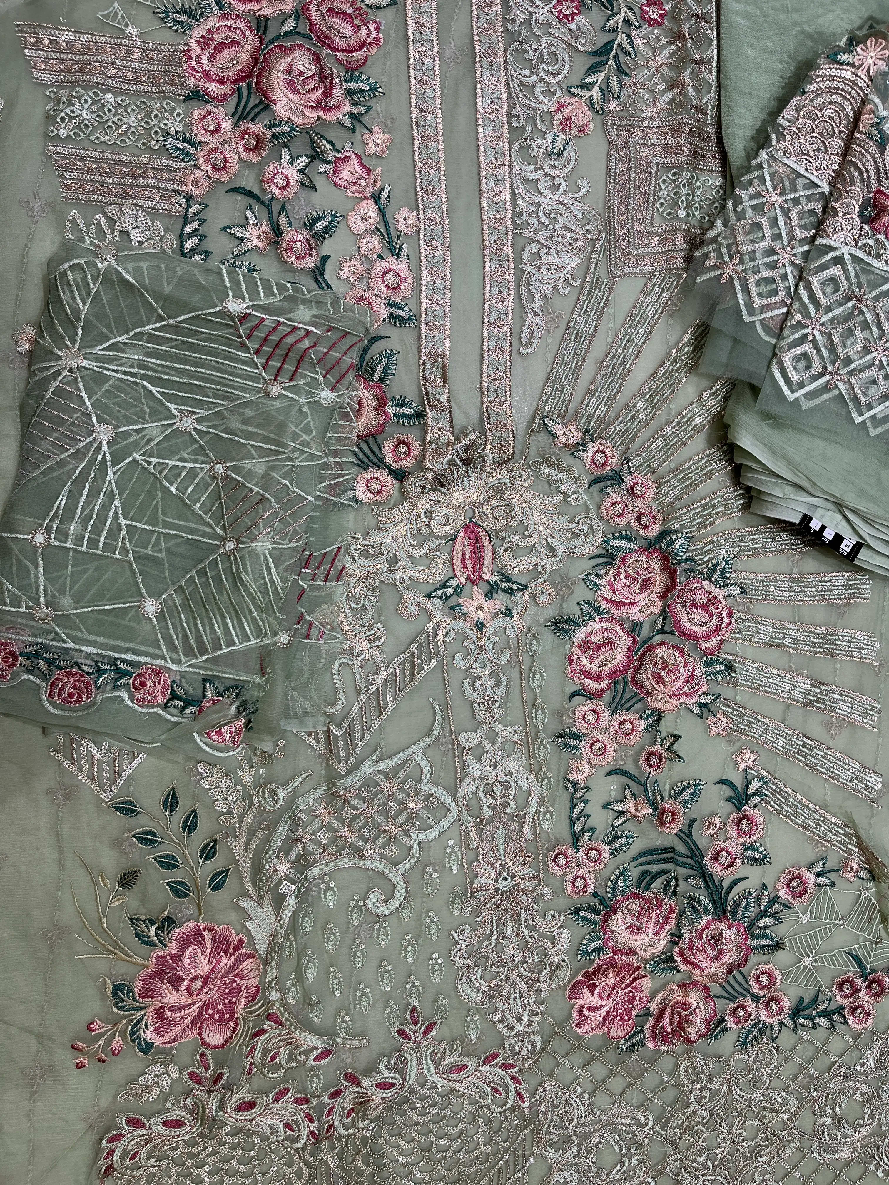 Mariyam’s Luxury Embroidered Festive Net Suit (Mint Sage & Rose Pink)