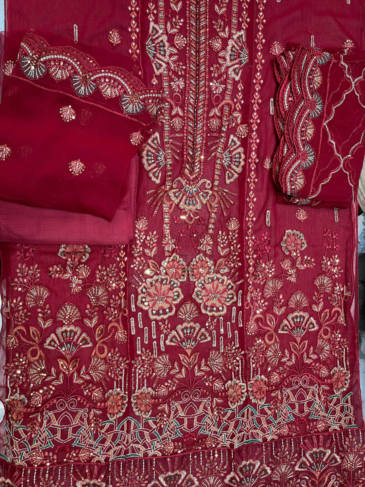 Bin Hameed Luxury Embroidered Chiffon Festive Suit (Deep Crimson Maroon)