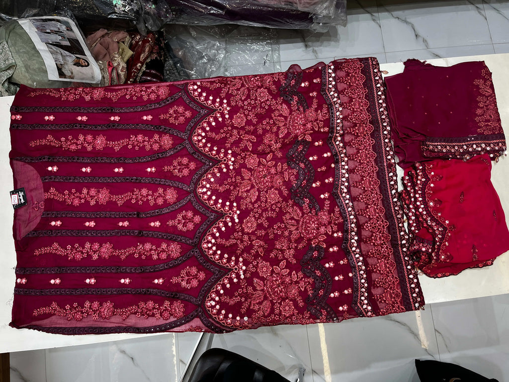 Maria B Luxury Embroidered Chiffon & Net Ensemble (Deep Maroon)