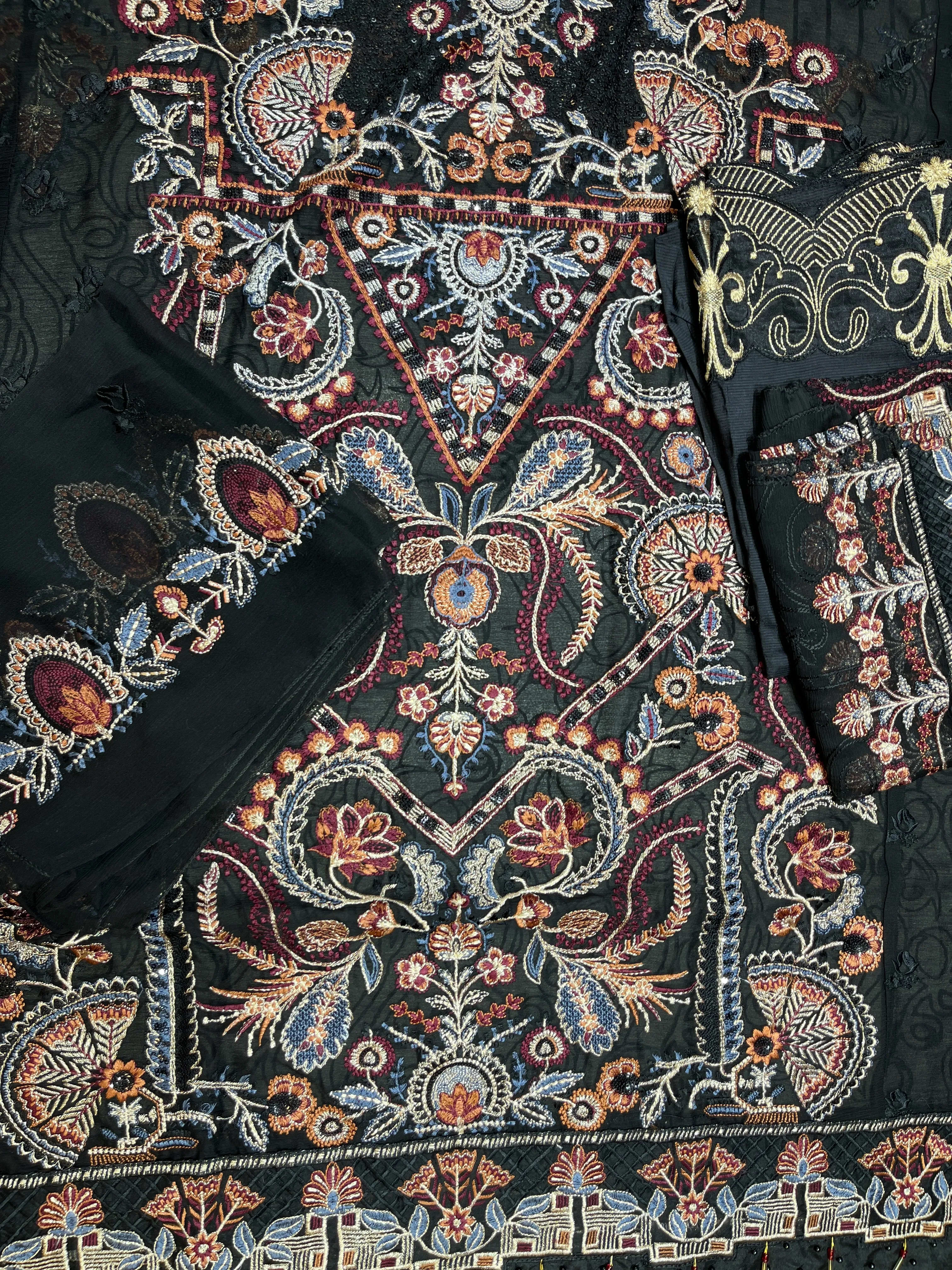 Ramsha Luxury Embroidered Festive Chiffon Suit (Midnight Black)